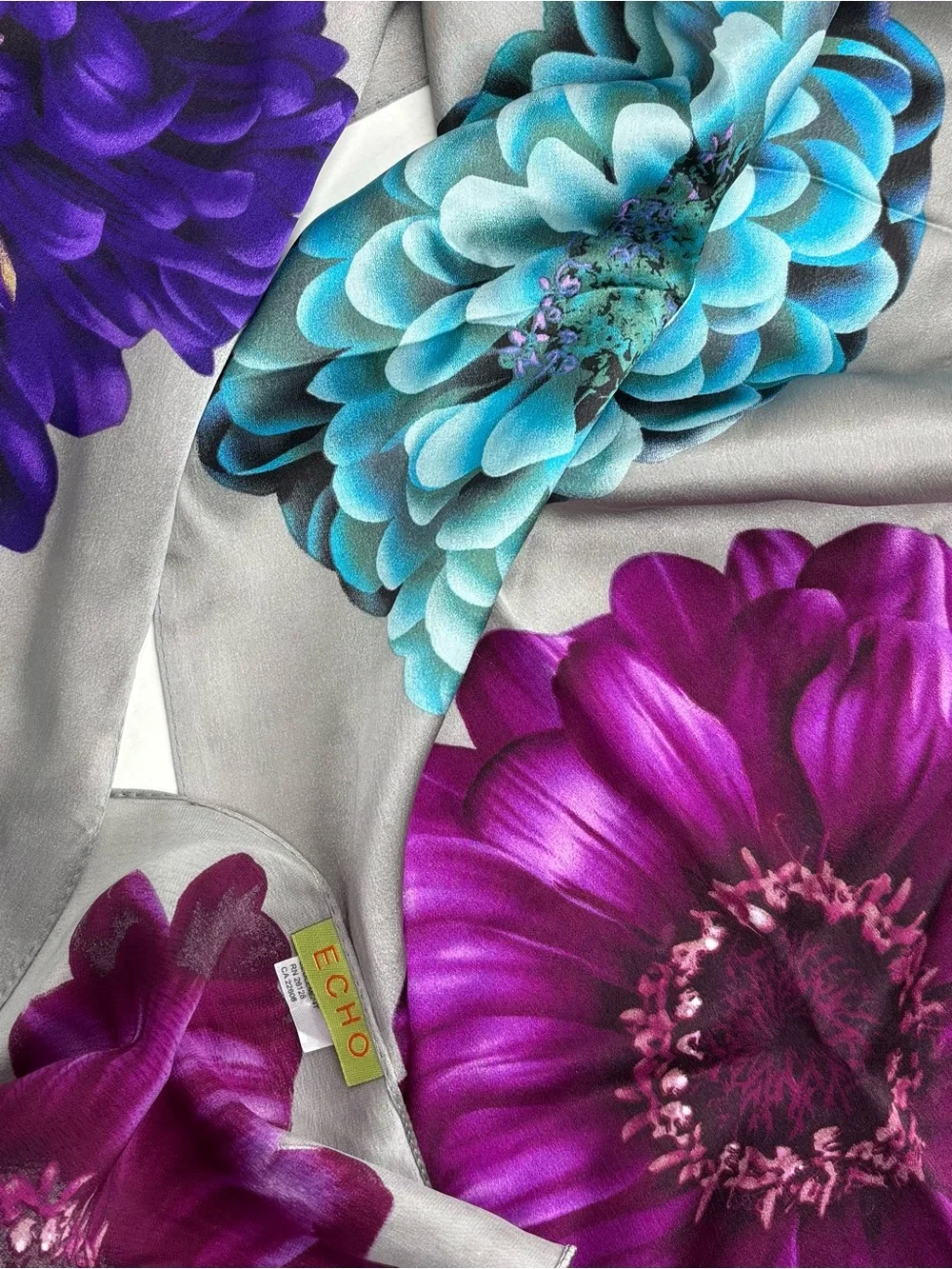 Vintage Echo Silk Scarf Silver Grey w Magenta, Teal & Purple‎ Floral Accents